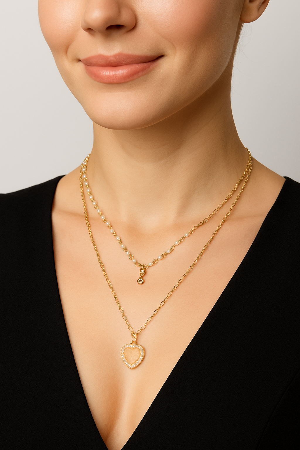 Elegant Layered Pearl & Heart Pendant Necklace | Korean Designer Jewellery