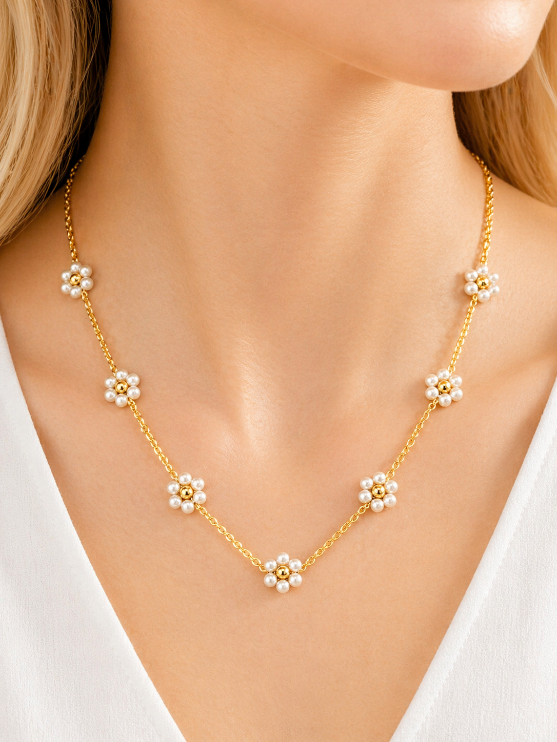 Pearl Daisy Chain Necklace | Anti Tarnish - Stainless Steel