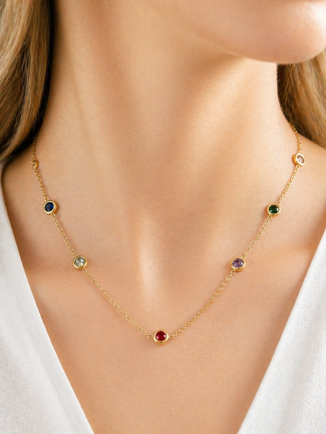 Multi-Colour Stone Gold Necklace | Anti Tarnish - Stainless Steel