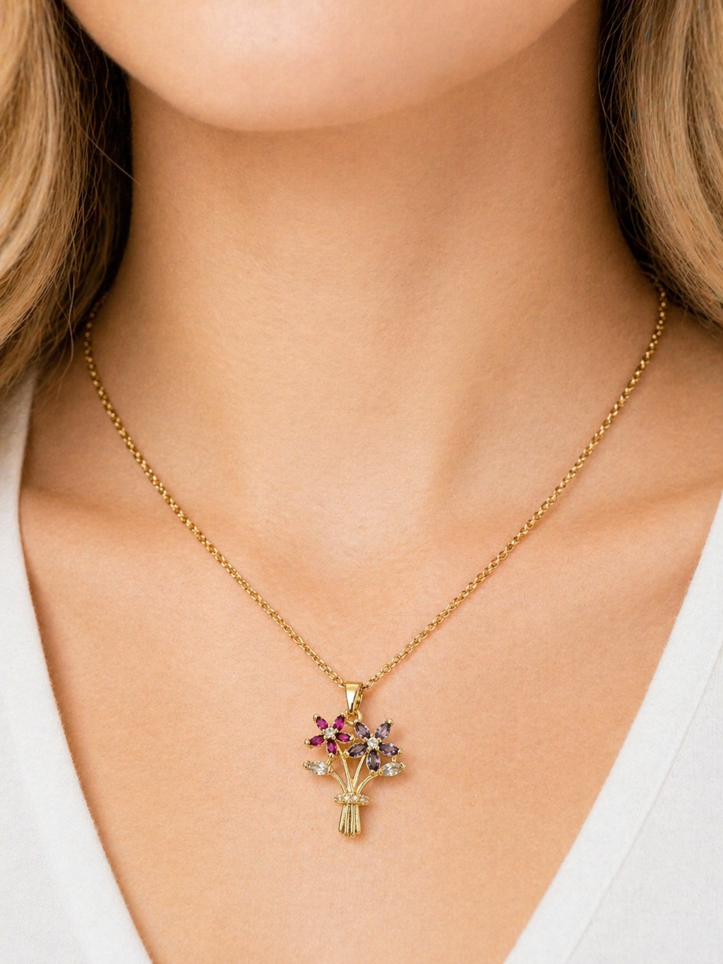 Floral Gem Pendant Necklace | Anti Tarnish - Stainless Steel