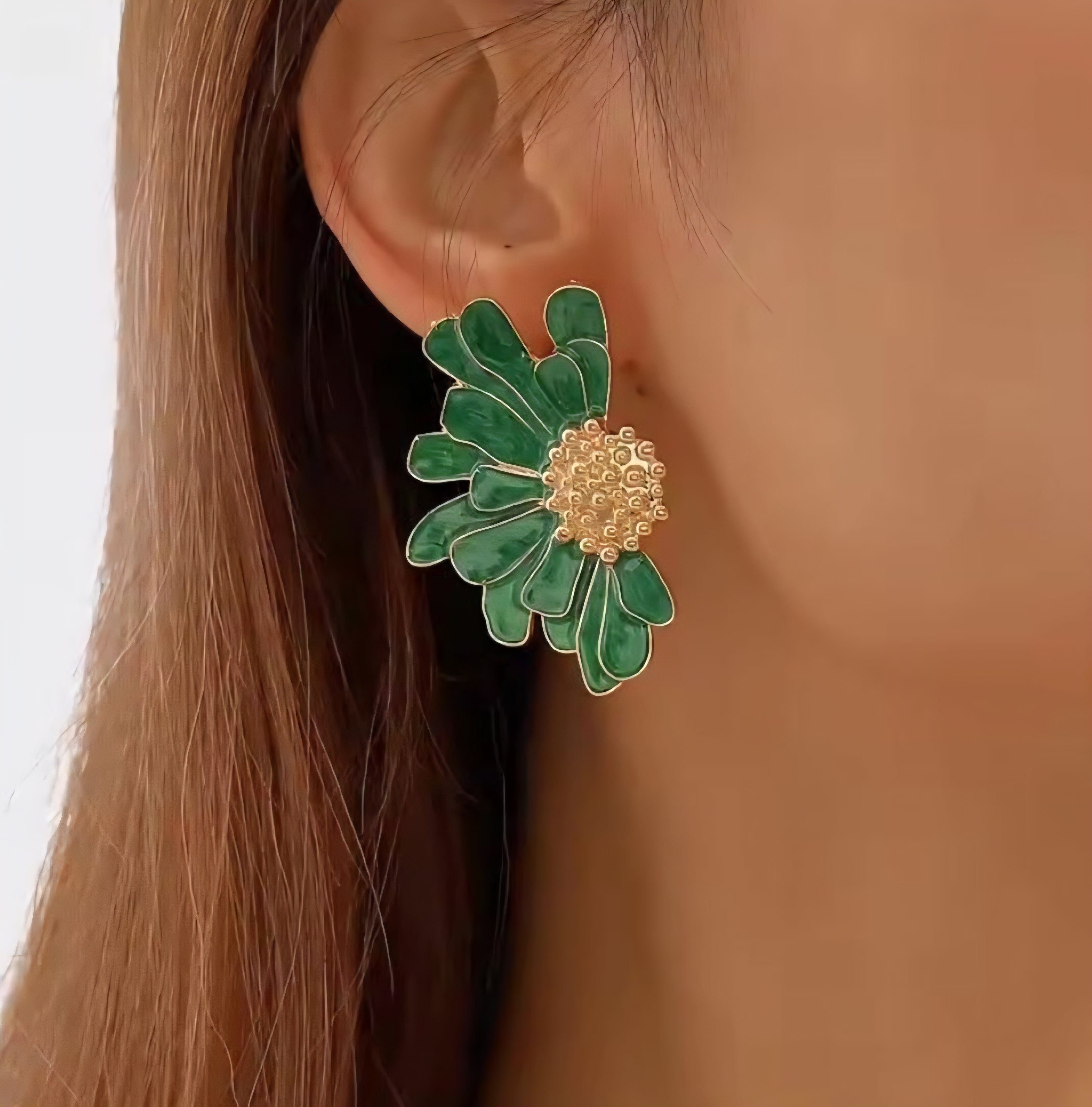 Green Floral Statement Earrings | Anti Tarnish - Stainless Steel