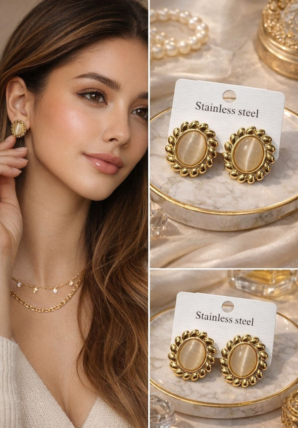 Gold Oval Stone Stud Earrings | Anti Tarnish - Stainless Steel