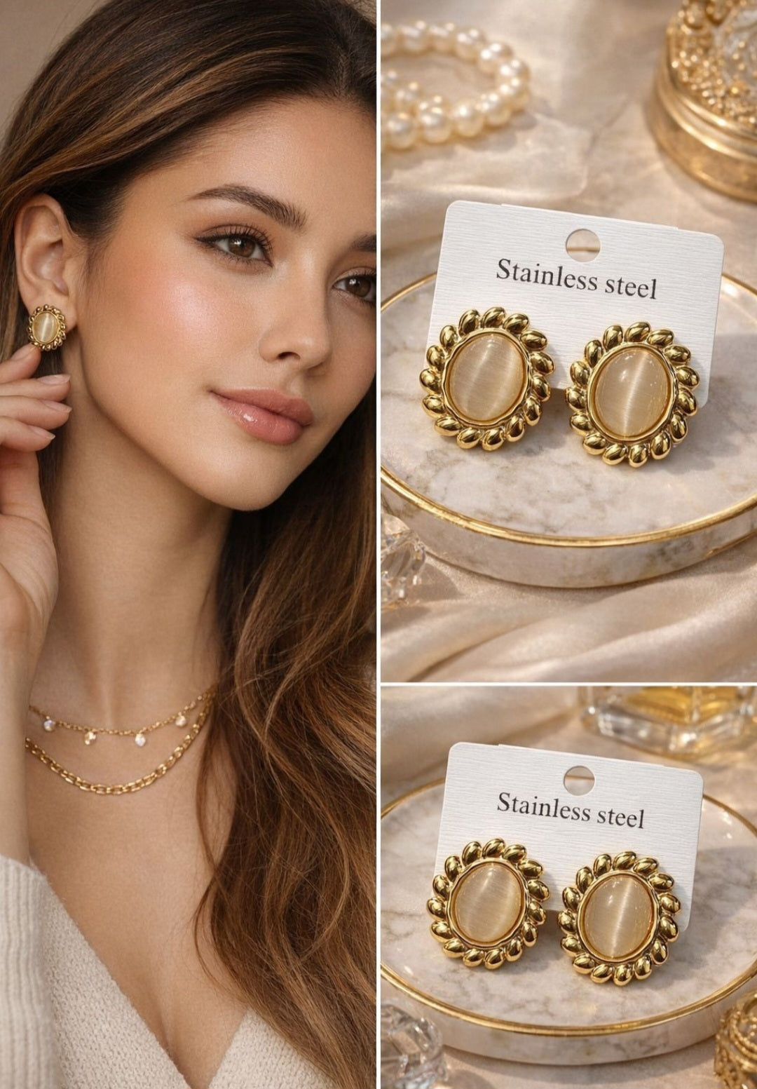 Gold Oval Stone Stud Earrings | Anti Tarnish - Stainless Steel