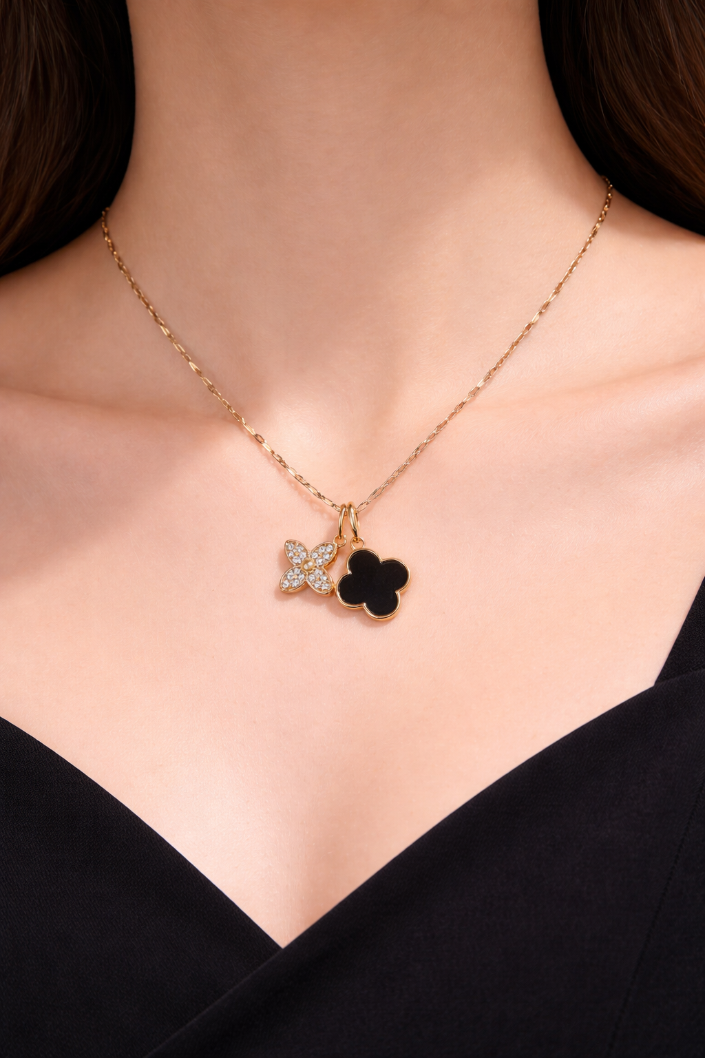 Gold Dual Clover Charm Necklace for Women | Anti Tarnish - Stainless Steel