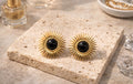 Gold Sunburst Black Stone Earrings | Anti Tarnish - Stainless Steel