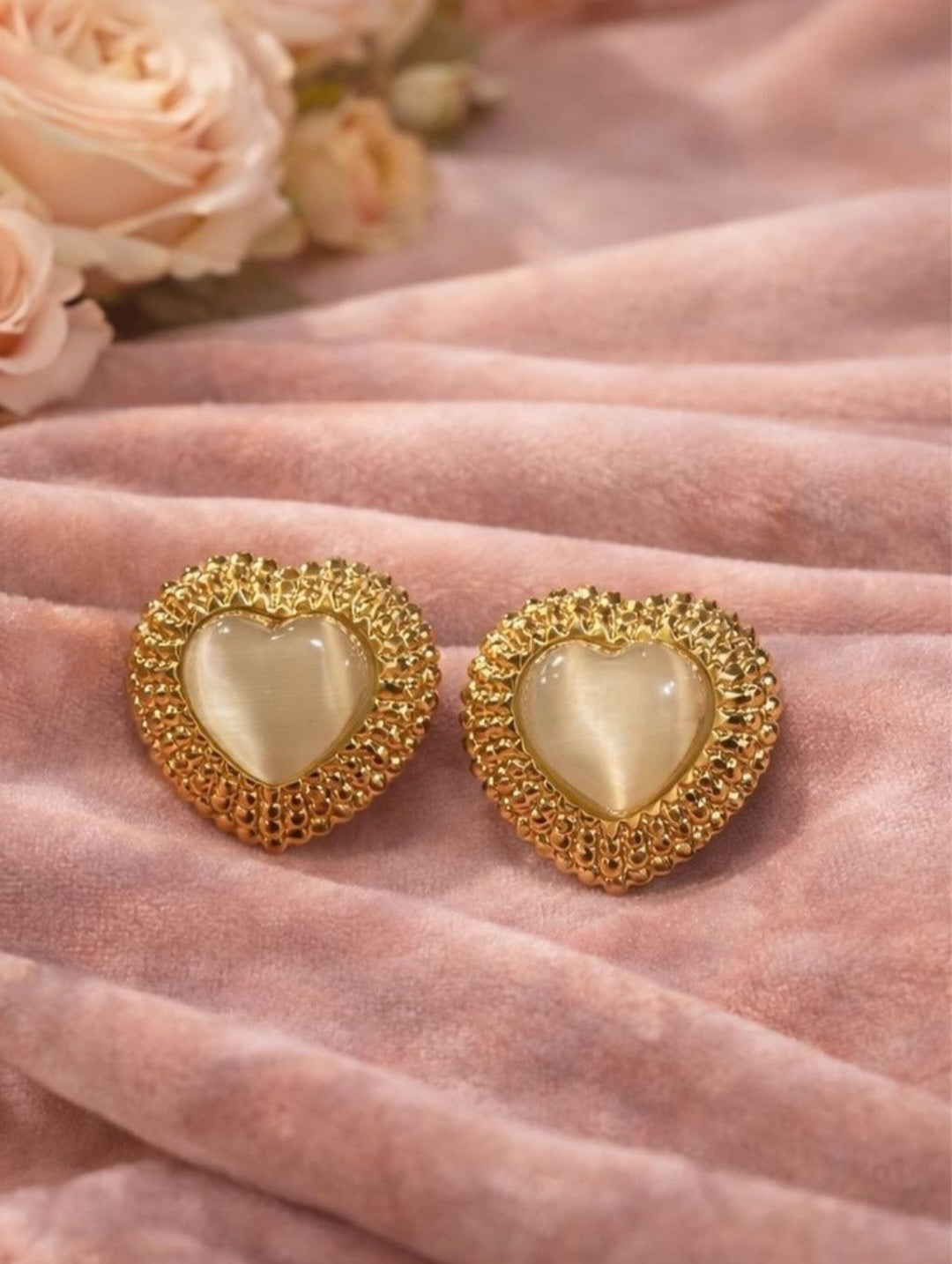 Gold Heart Stone Stud Earrings | Anti Tarnish - Stainless Steel