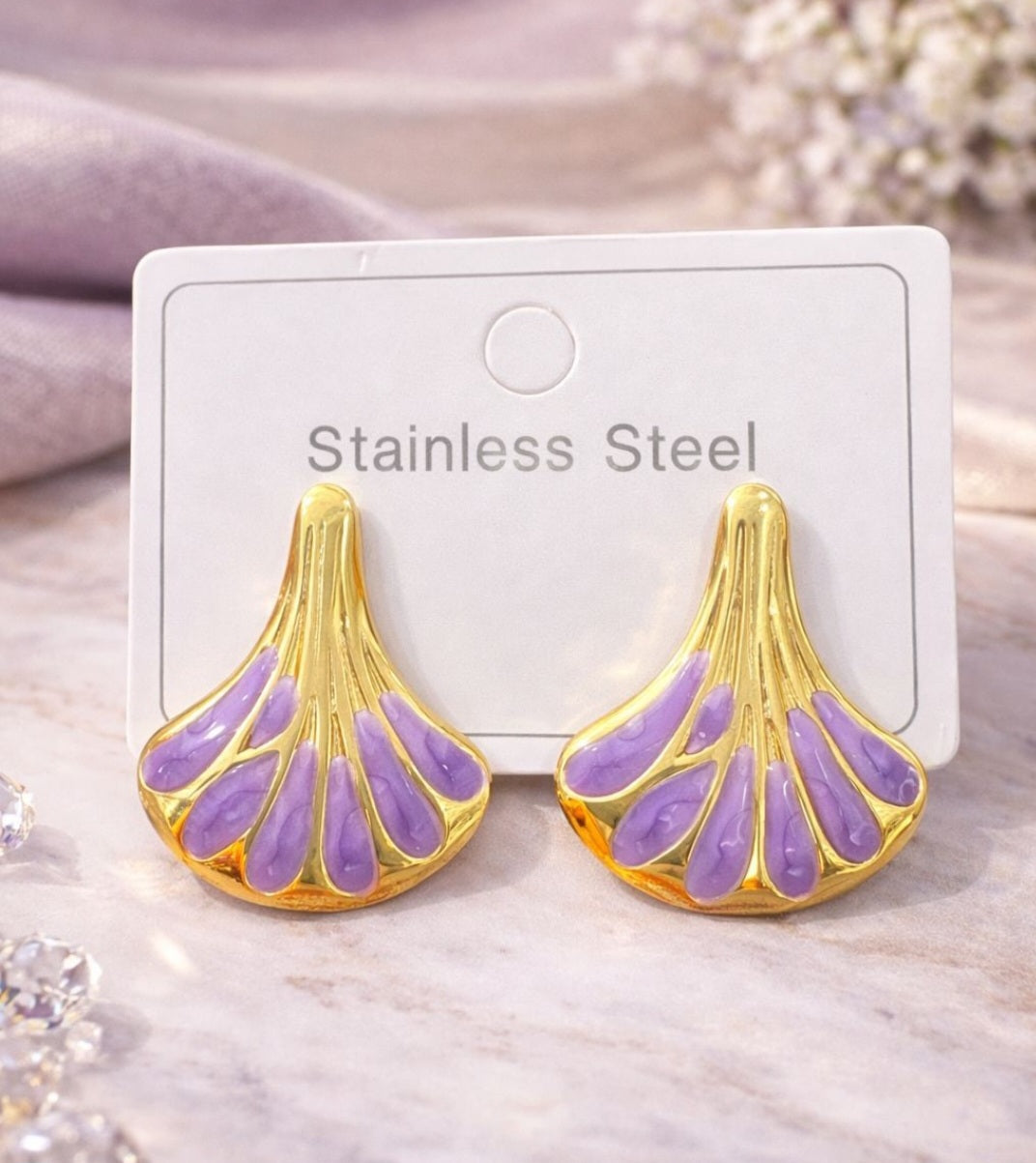 Gold Lavender Shell Stud Earrings | Anti Tarnish - Stainless Steel