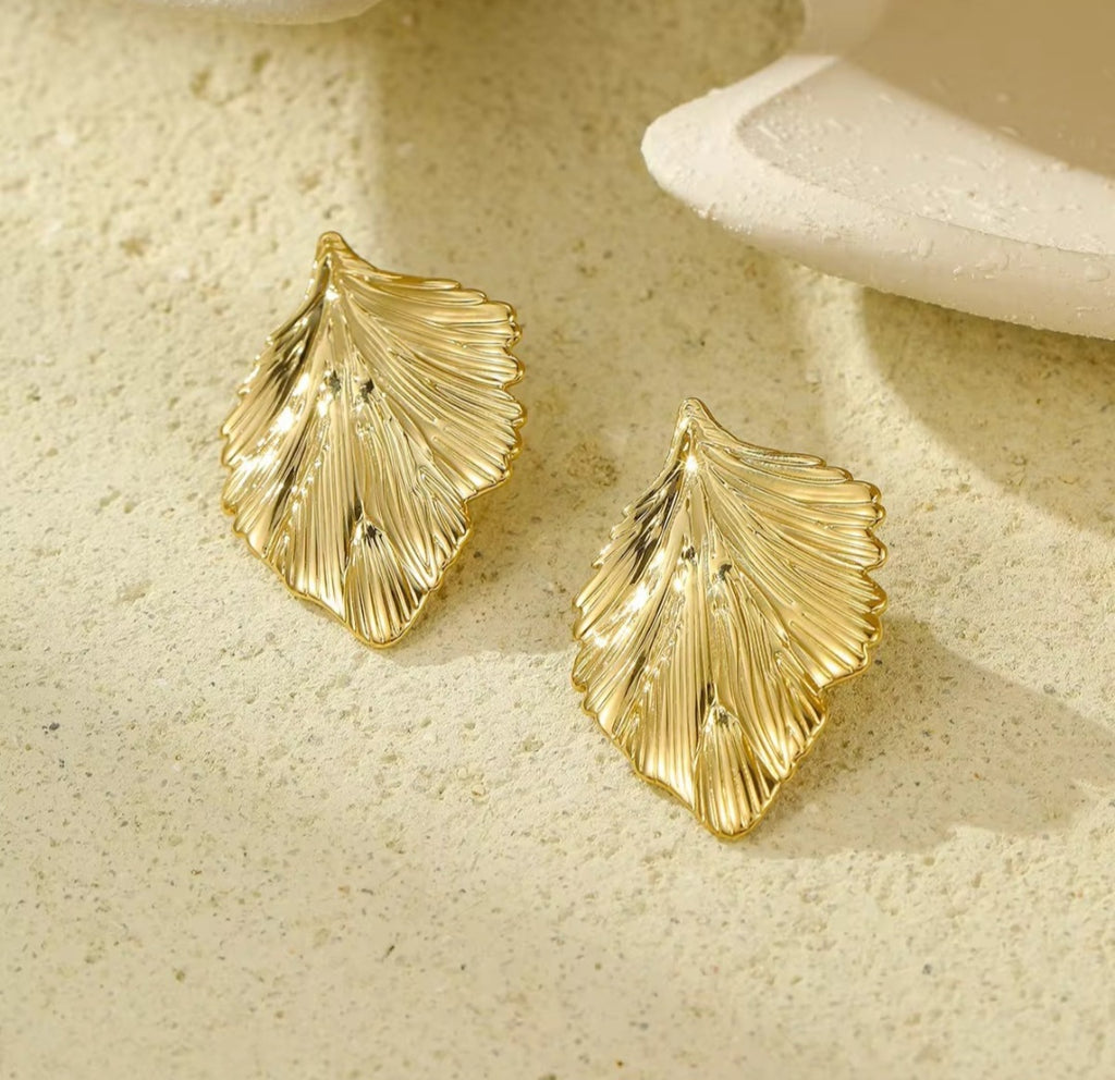 Gold Leaf Textured Stud Earrings | Anti Tarnish - Stainless Steel