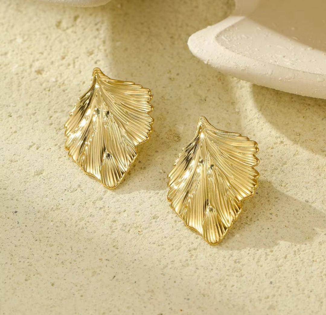 Gold Leaf Textured Stud Earrings | Anti Tarnish - Stainless Steel