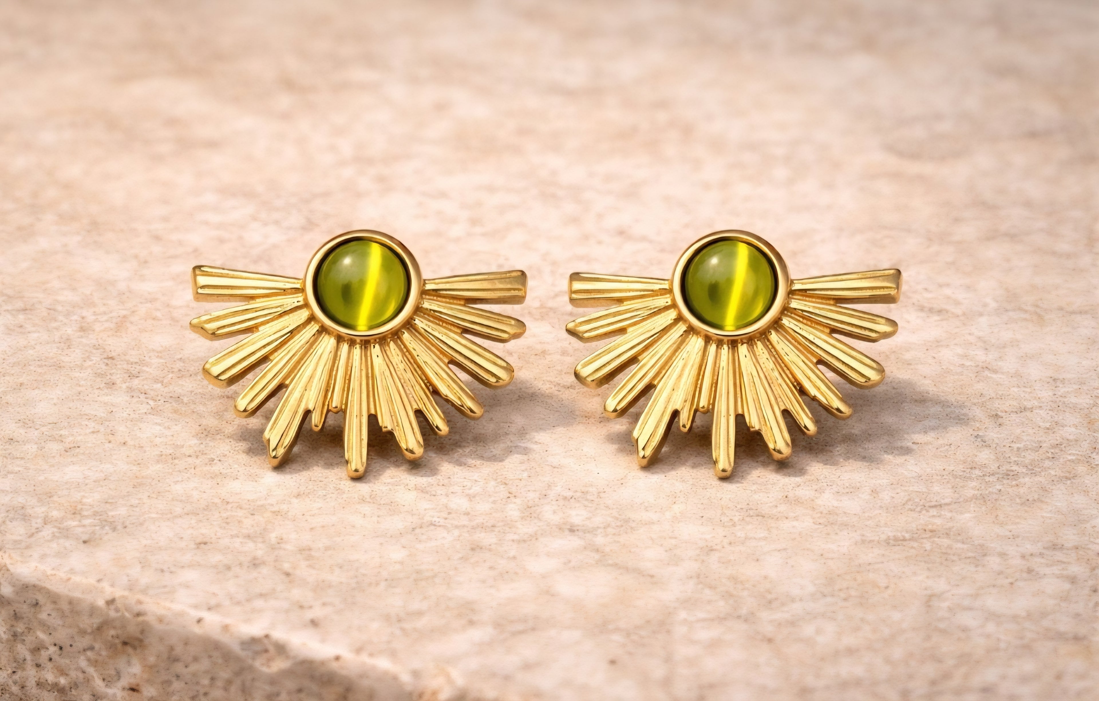 Gold Sunburst Green Stone Stud Earrings | Anti Tarnish - Stainless Steel