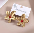Gold Flower Red Stone Stud Earrings | Anti Tarnish - Stainless Steel