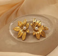 Gold Floral Pearl Stud Earrings | Anti Tarnish - Stainless Steel