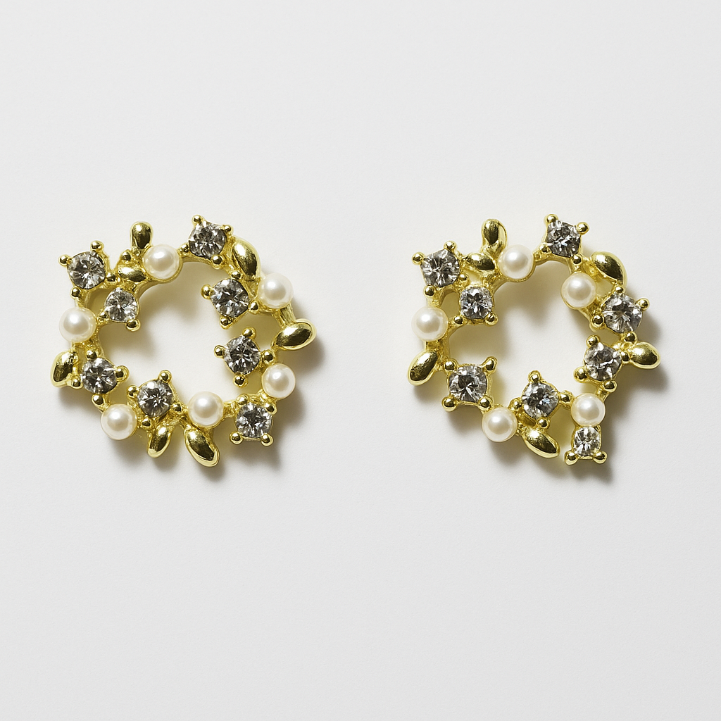 Elegant Pearl & Crystal Wreath Earrings | Korean Designer Jewellery