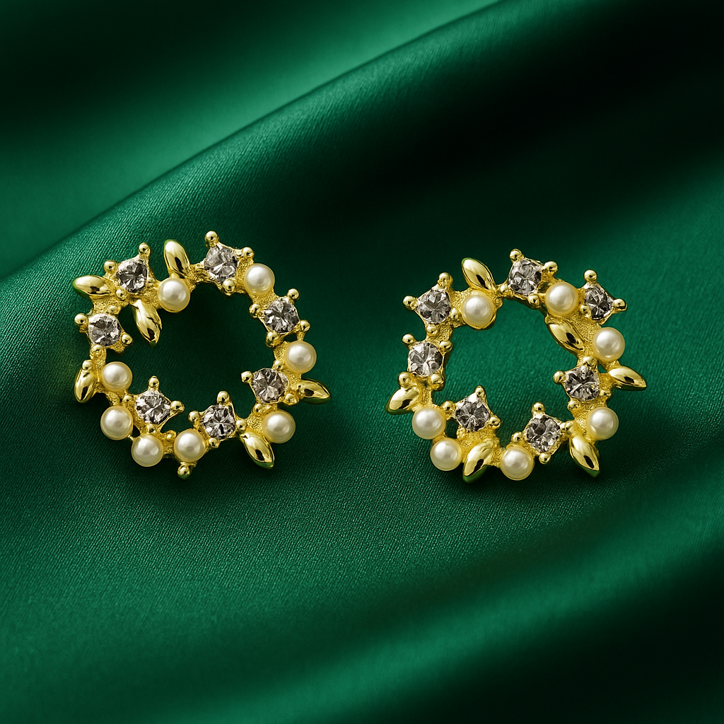 Elegant Pearl & Crystal Wreath Earrings | Korean Designer Jewellery