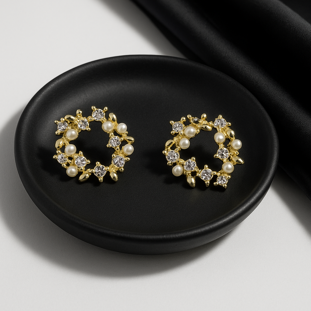 Elegant Pearl & Crystal Wreath Earrings | Korean Designer Jewellery