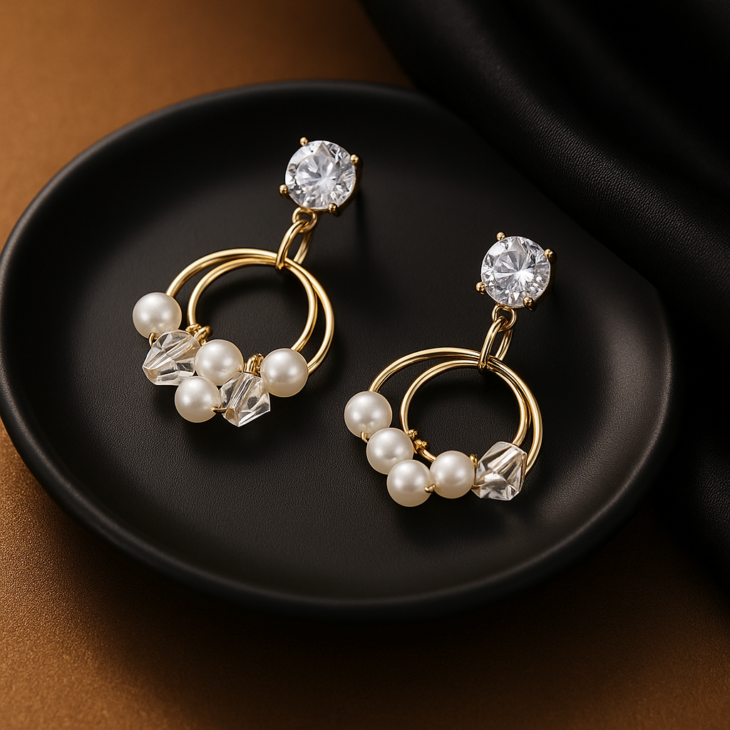 Pearl & Crystal Hoop Drop Earrings | Korean Designer Jewellery
