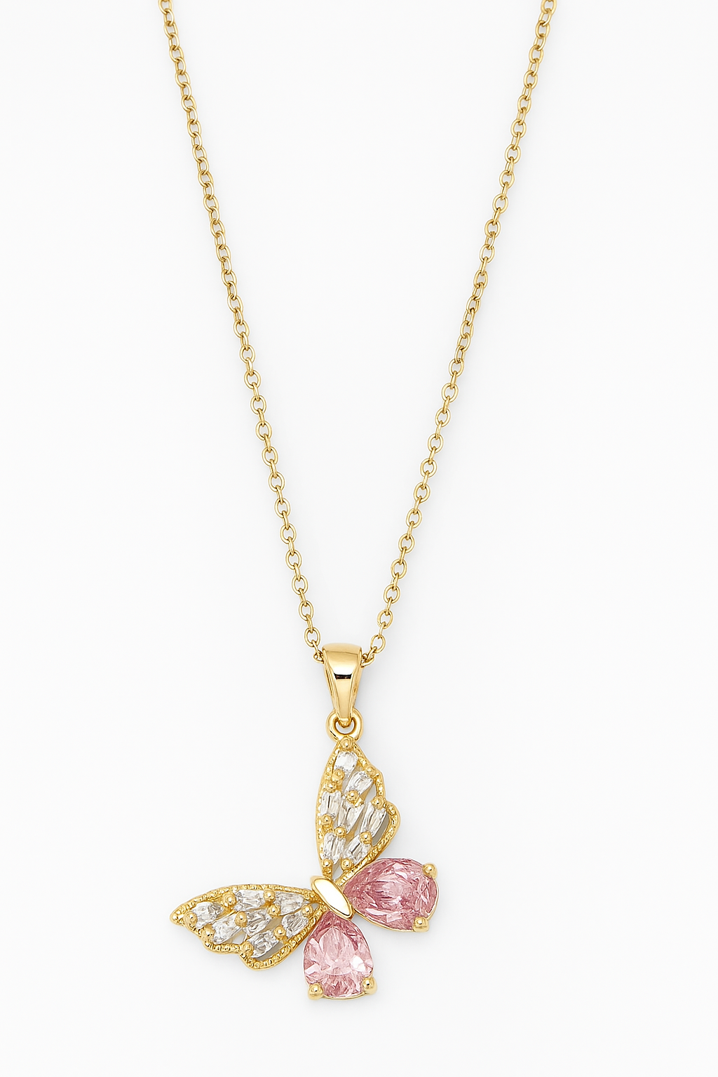 Pink & White Crystal Butterfly Pendant Necklace | Anti Tarnish | Stainless Steel