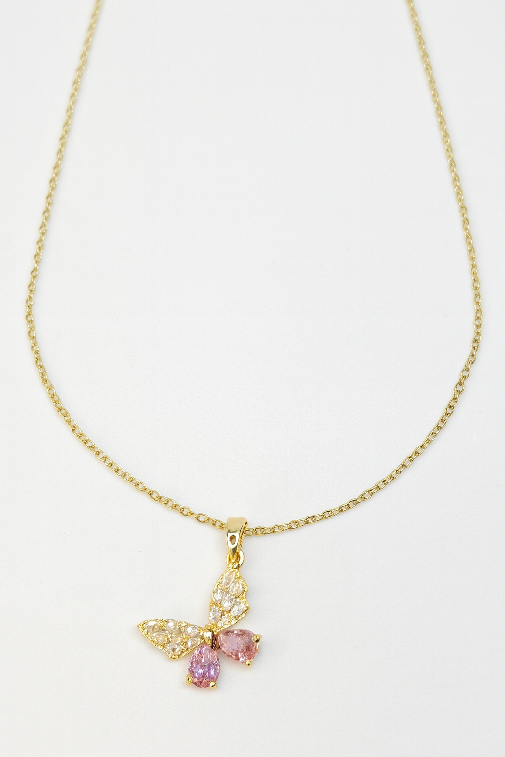 Pink & White Crystal Butterfly Pendant Necklace | Anti Tarnish | Stainless Steel
