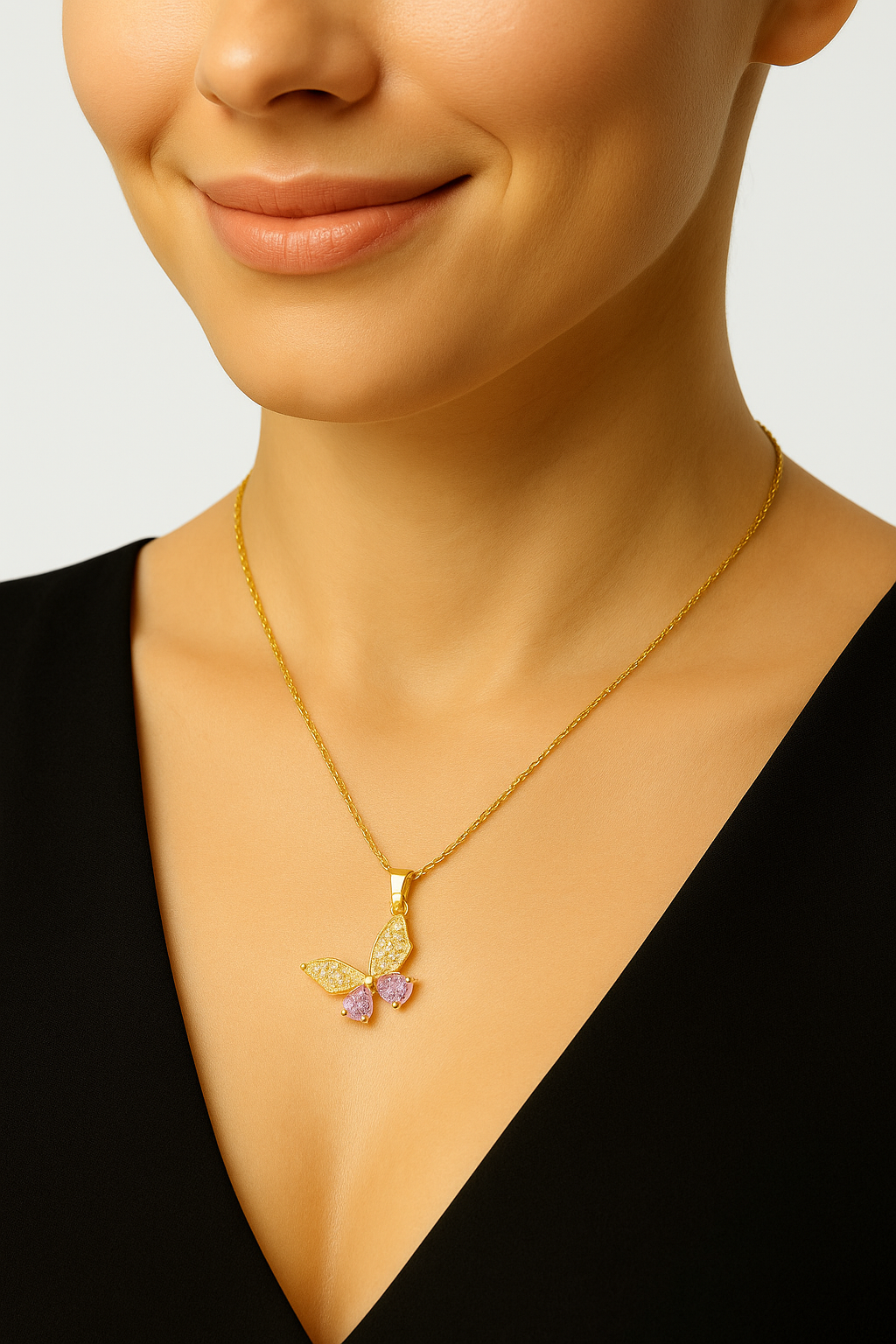 Pink & White Crystal Butterfly Pendant Necklace | Anti Tarnish | Stainless Steel