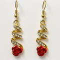 Red Rose & Crystal Spiral Drop Earrings | Korean Designer Jewellery