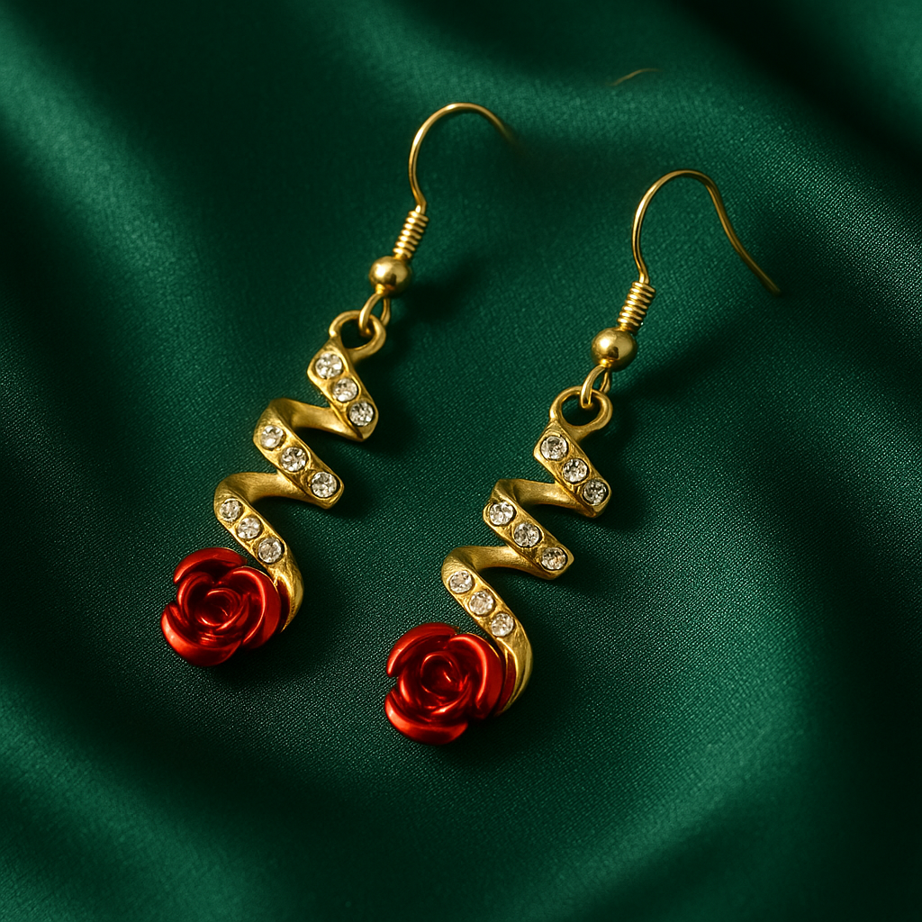 Red Rose & Crystal Spiral Drop Earrings | Korean Designer Jewellery
