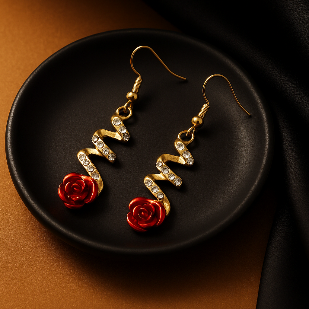 Red Rose & Crystal Spiral Drop Earrings | Korean Designer Jewellery