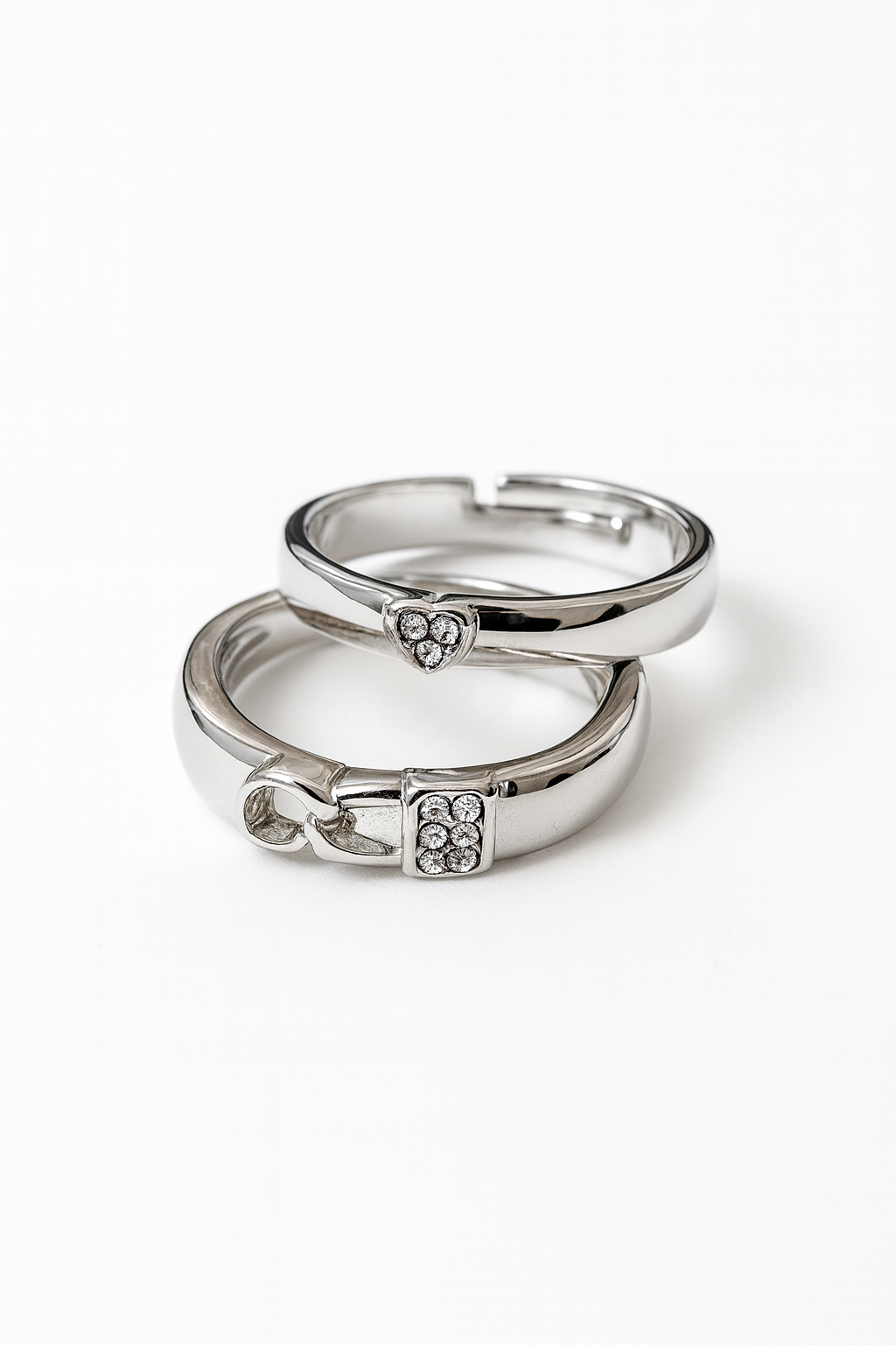 Silver-Tone Crystal Accent Combo Ring Set – Heart & Square Design