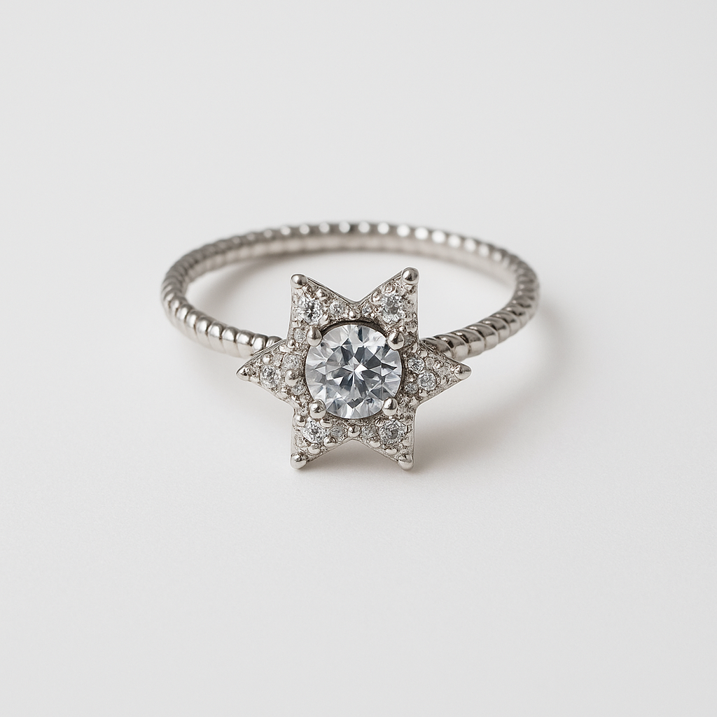 Silver Star Spinner Ring with Rotating Crystal Centerpiece for Women