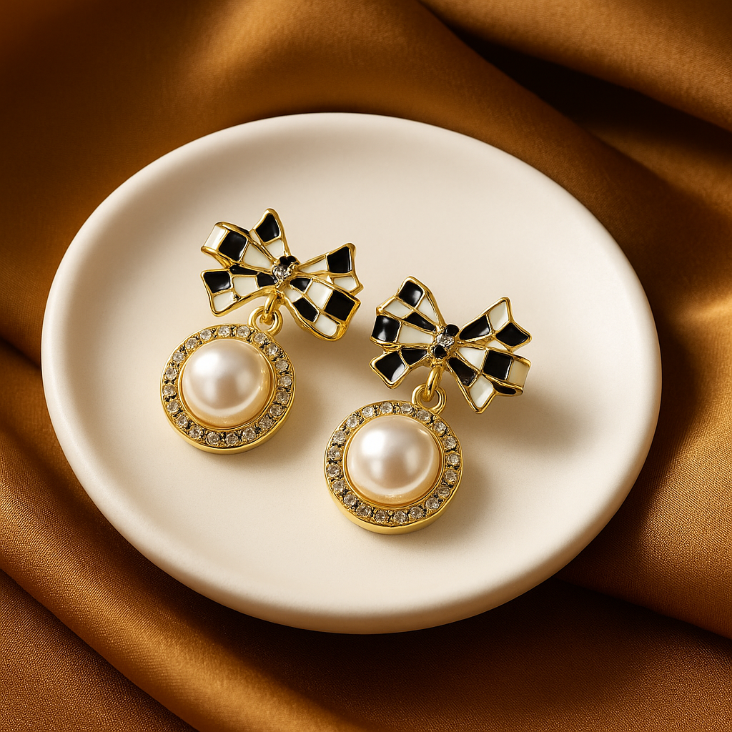 Black & White Bow Pearl Drop Earrings | Korean Designer Jewellery