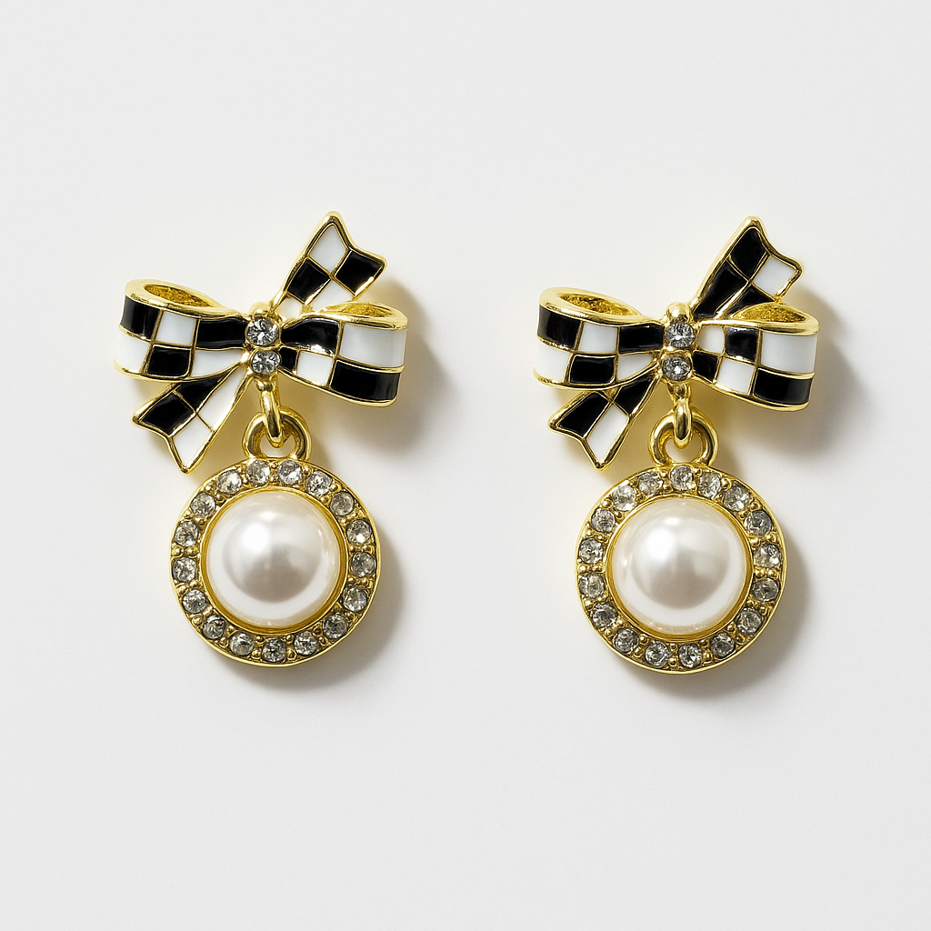Black & White Bow Pearl Drop Earrings | Korean Designer Jewellery