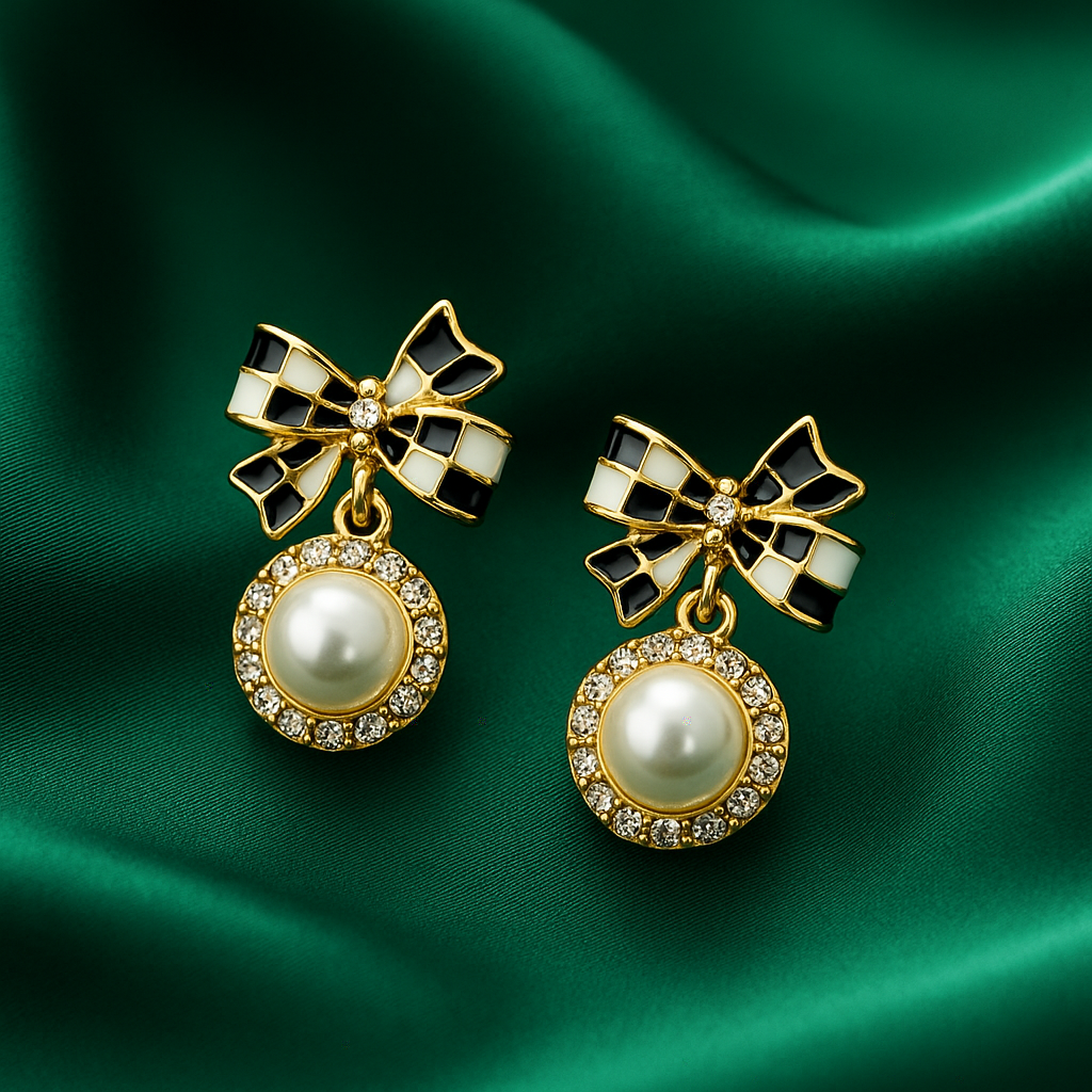 Black & White Bow Pearl Drop Earrings | Korean Designer Jewellery