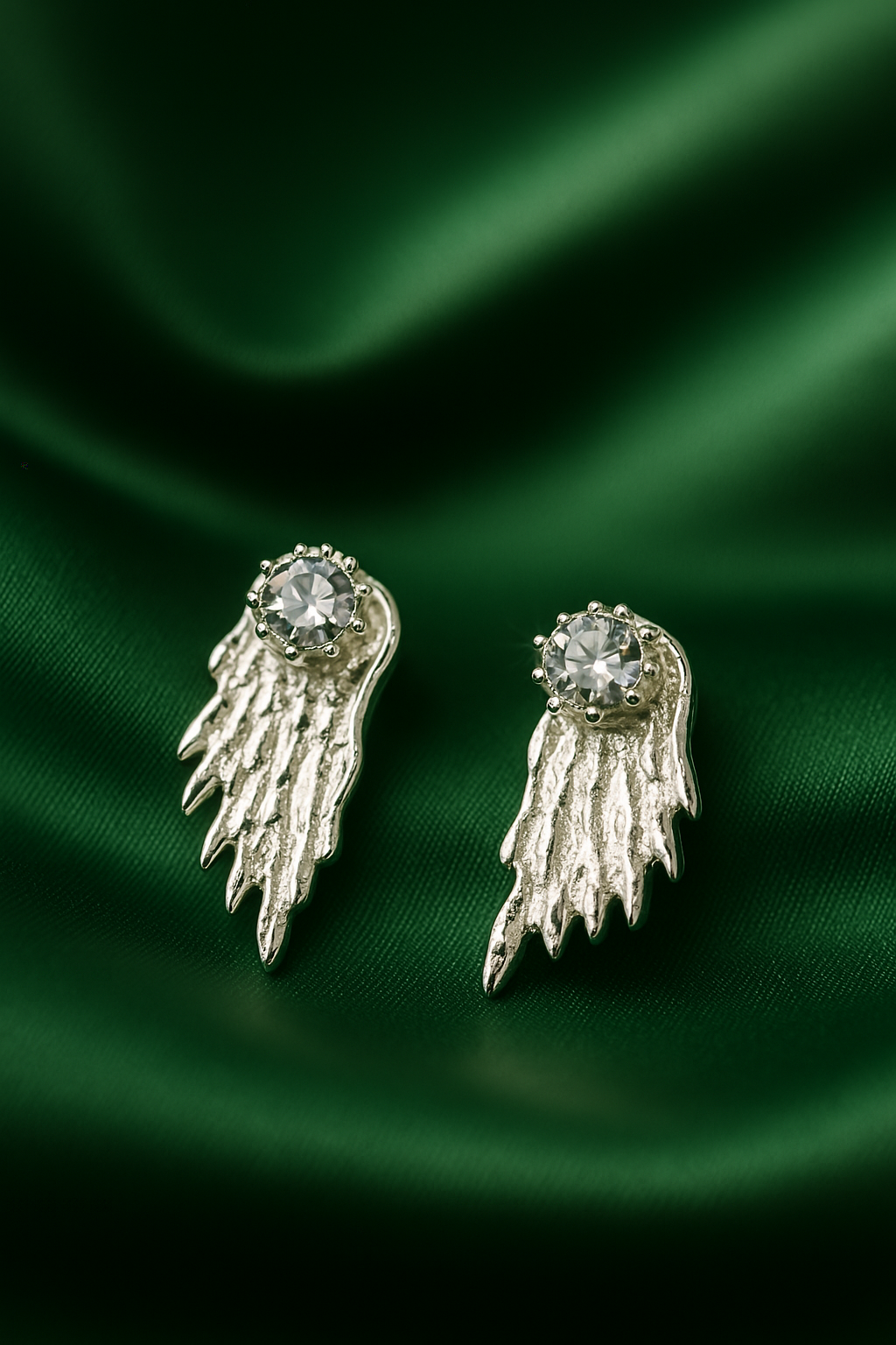 Silver Angel Wing Crystal Stud Earrings | Korean Designer Jewellery