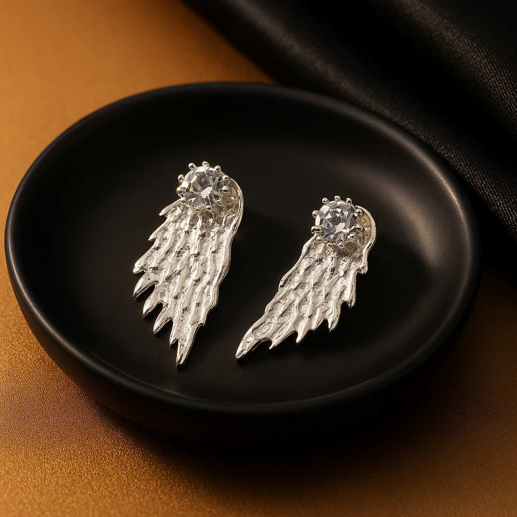 Silver Angel Wing Crystal Stud Earrings | Korean Designer Jewellery