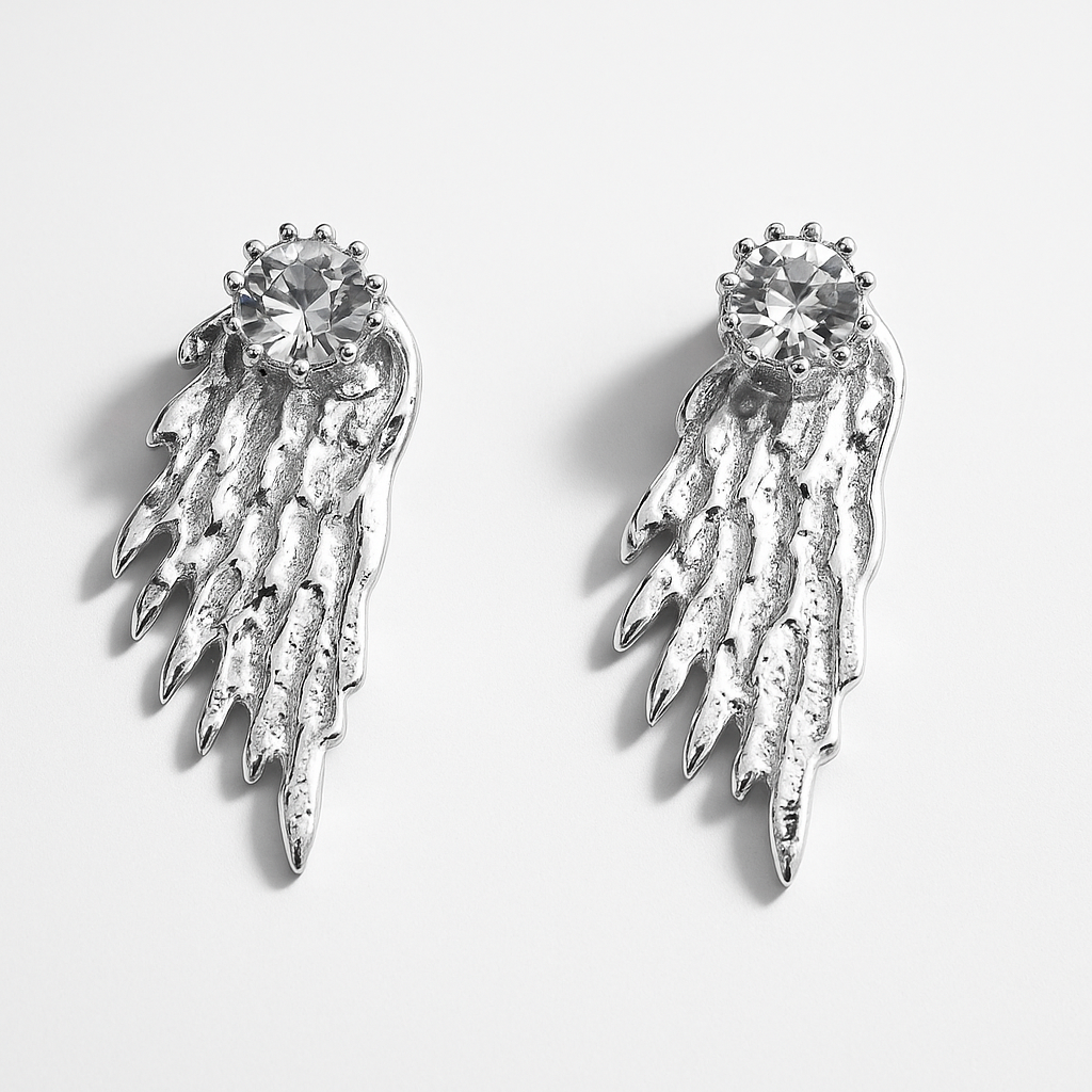 Silver Angel Wing Crystal Stud Earrings | Korean Designer Jewellery