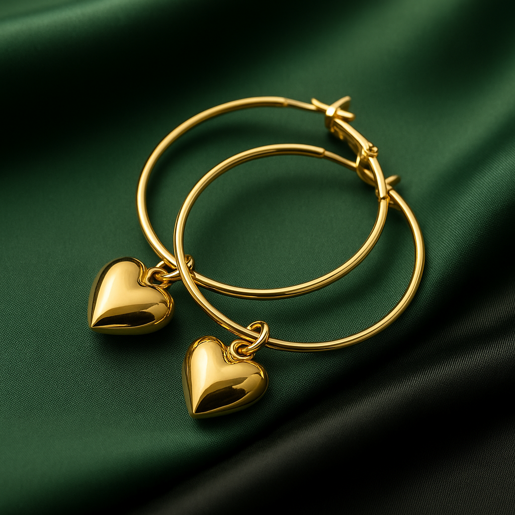 Golden Heart Charm Hoop Earrings | Anti Tarnish Stainless Steel