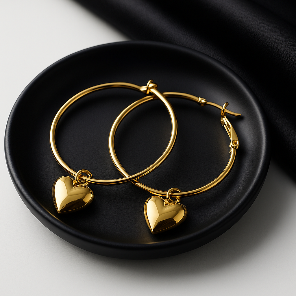 Golden Heart Charm Hoop Earrings | Anti Tarnish Stainless Steel