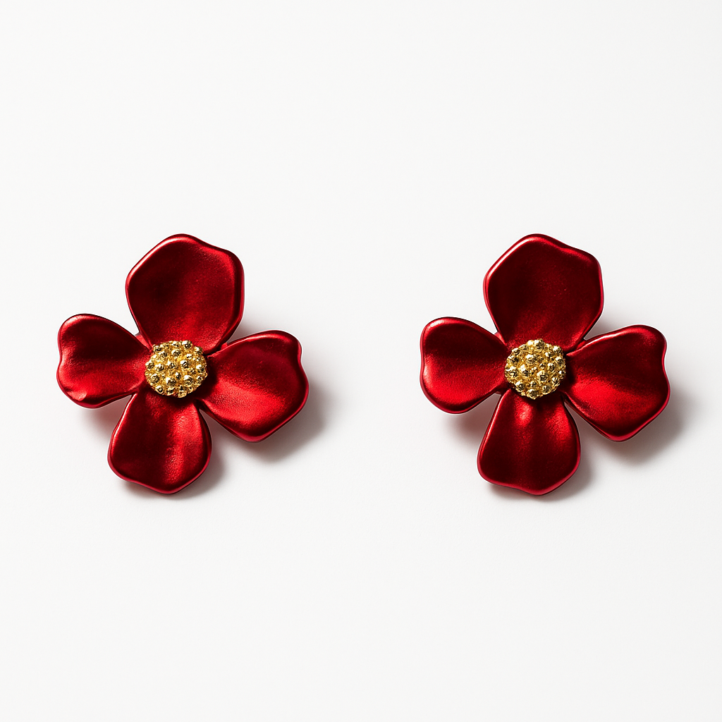 Red Floral Statement Earrings | Korean Designer Jewellery