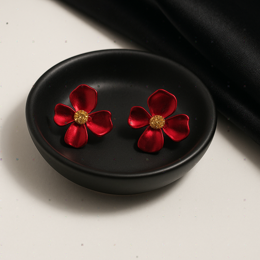 Red Floral Statement Earrings | Korean Designer Jewellery