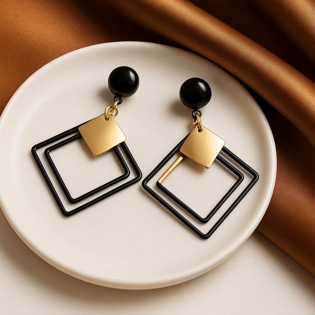 Black & Gold Geometric Drop Earrings | Korean Designer Jewellery