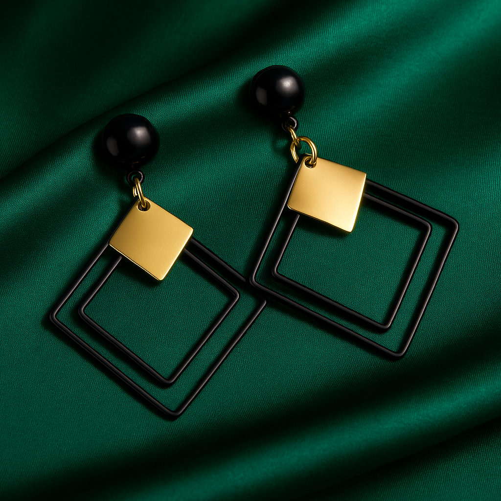 Black & Gold Geometric Drop Earrings | Korean Designer Jewellery