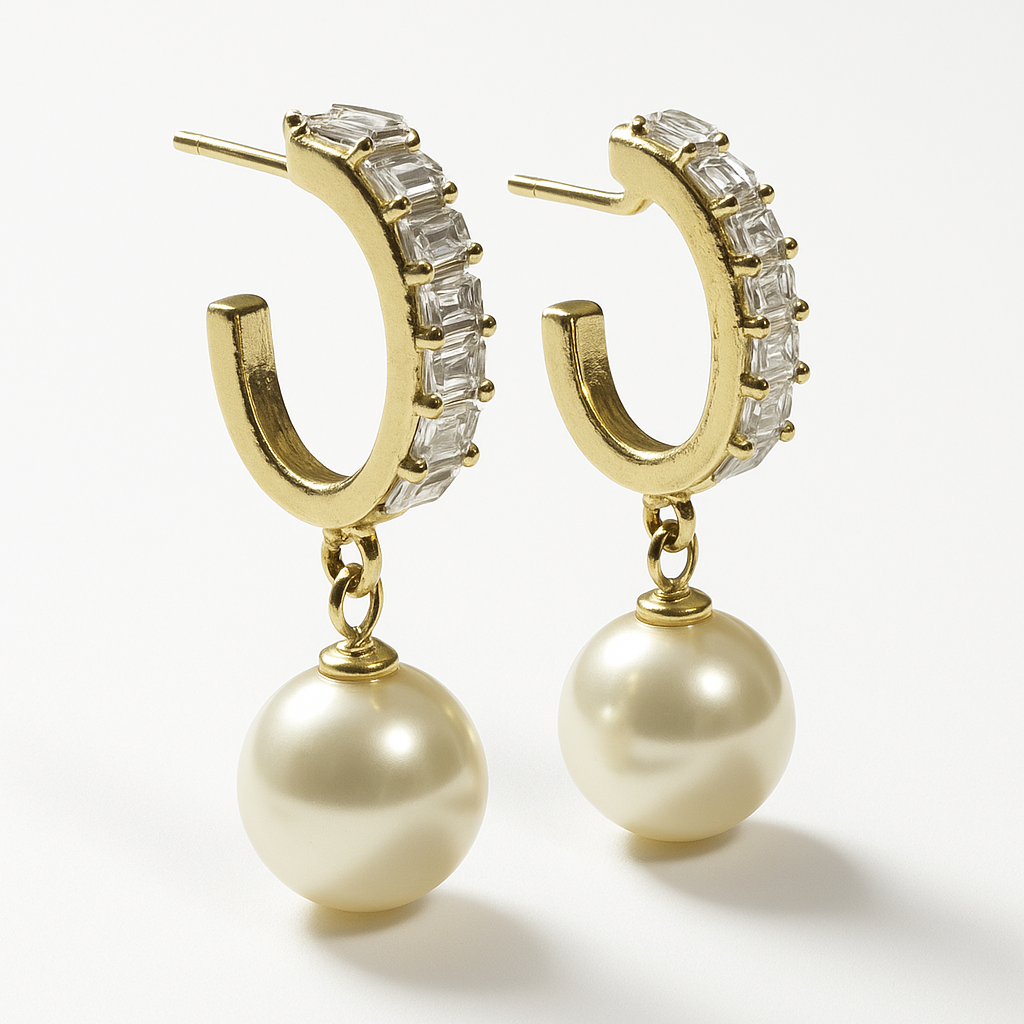 Crystal-Studded Pearl Drop Hoop Earrings | Korean Designer Jewellery