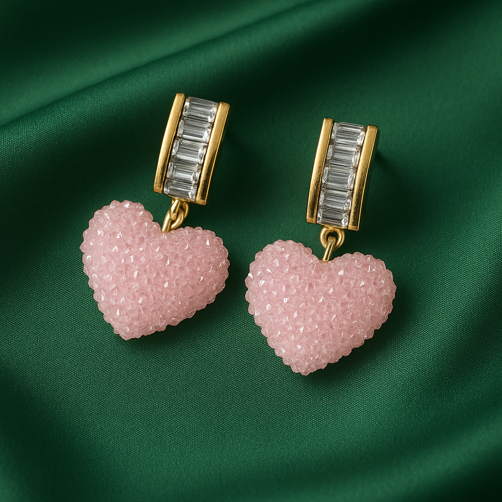 Pink Crystal Heart Drop Earrings | Korean Designer Jewellery
