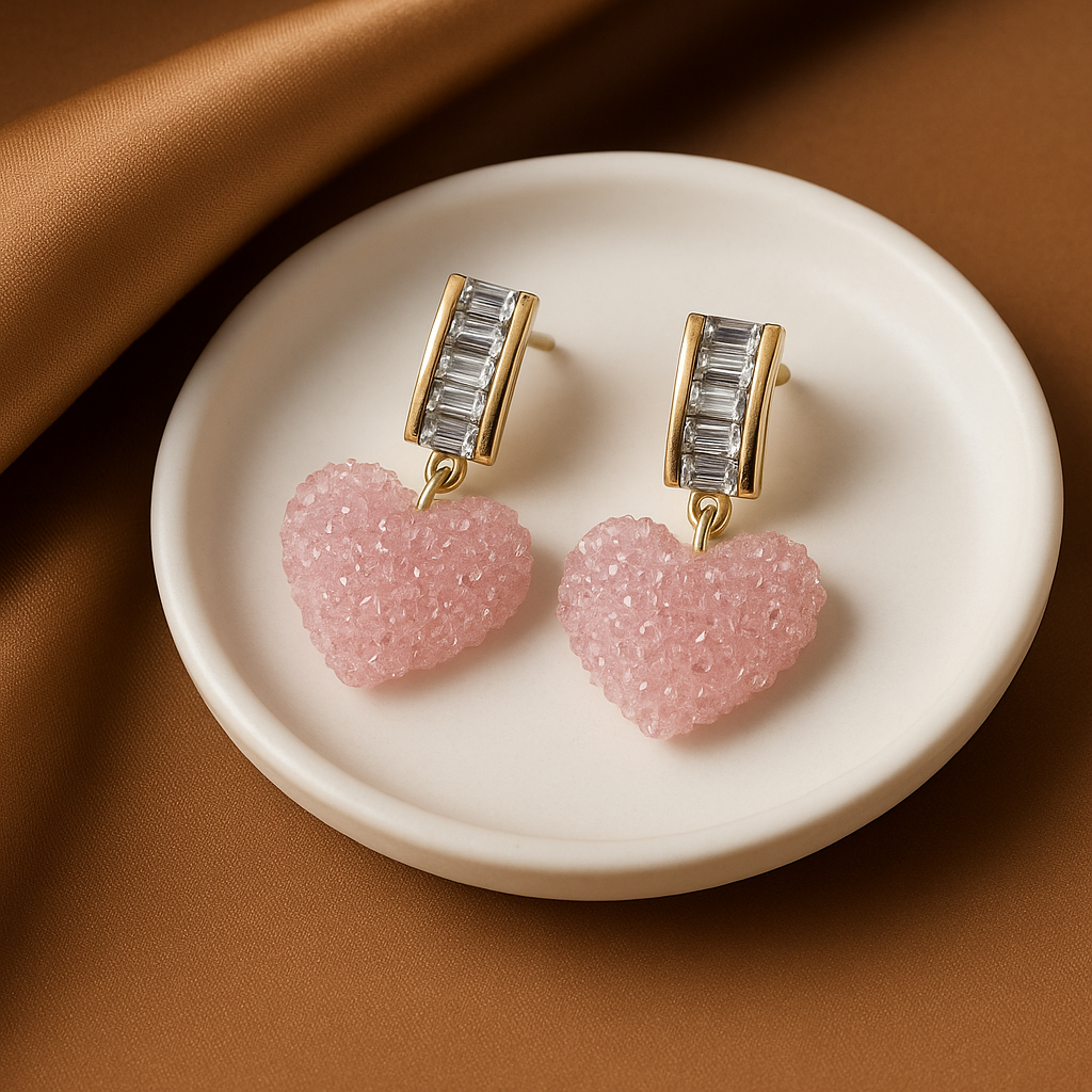 Pink Crystal Heart Drop Earrings | Korean Designer Jewellery