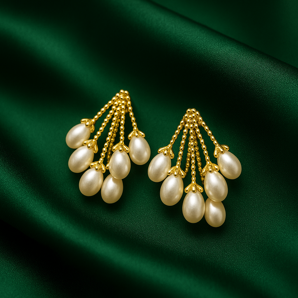 Gold Cluster Pearl Drop Earrings | Korean Designer Jewellery