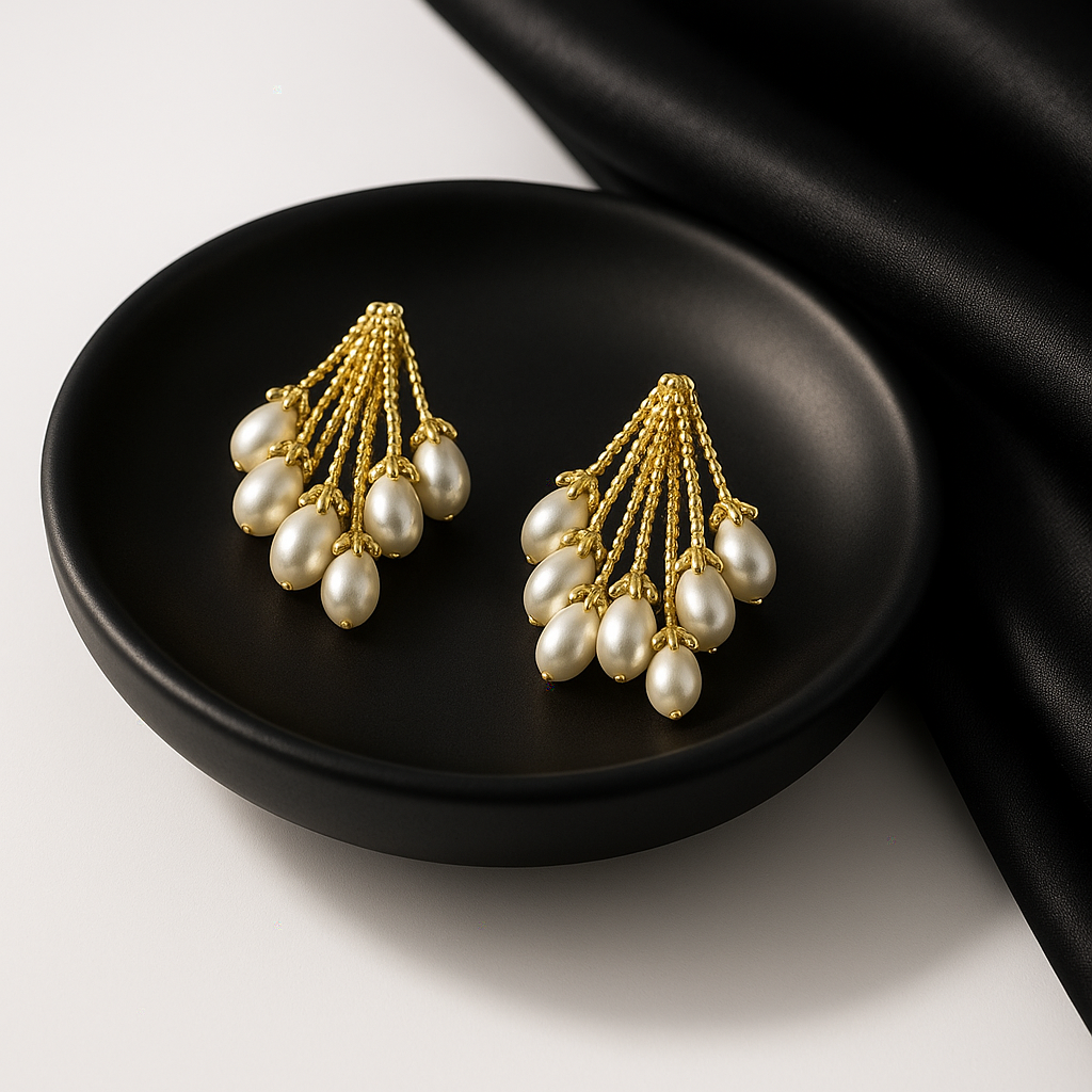 Gold Cluster Pearl Drop Earrings | Korean Designer Jewellery