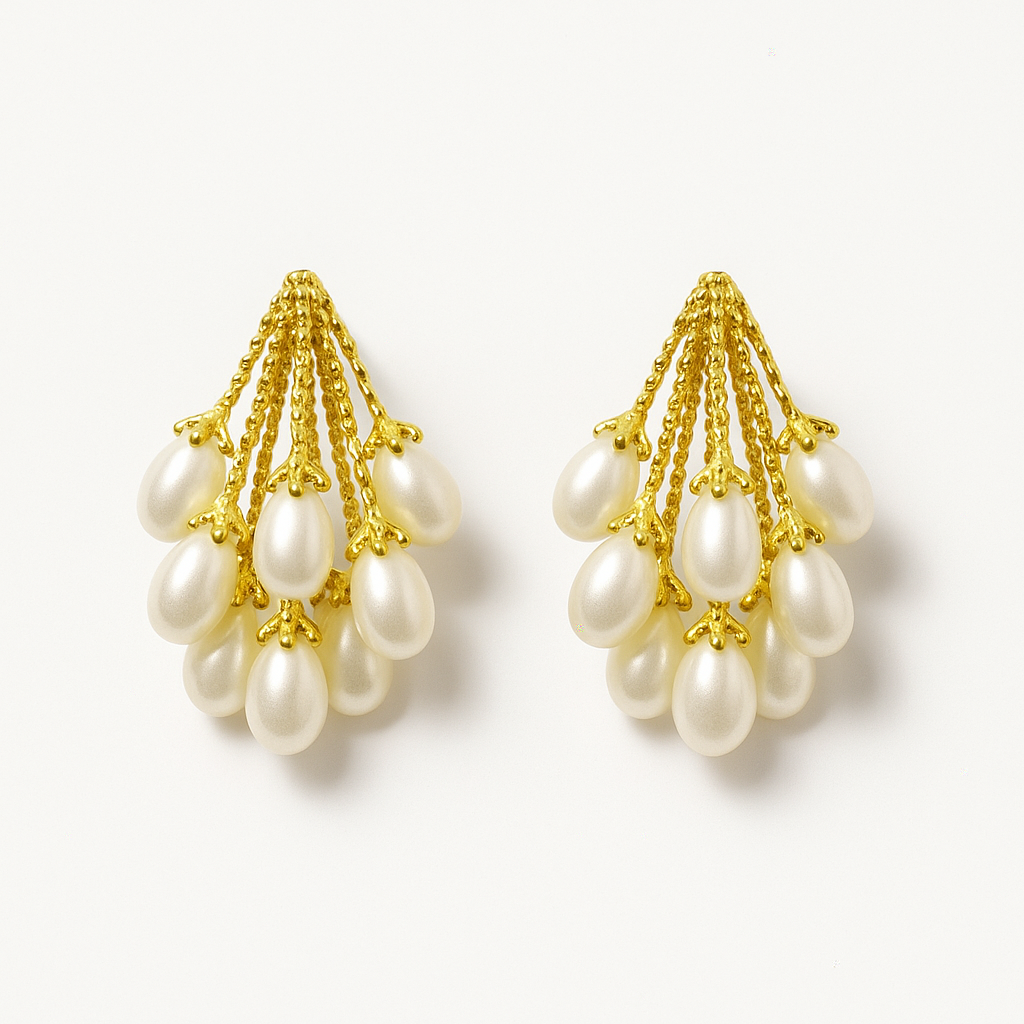 Gold Cluster Pearl Drop Earrings | Korean Designer Jewellery