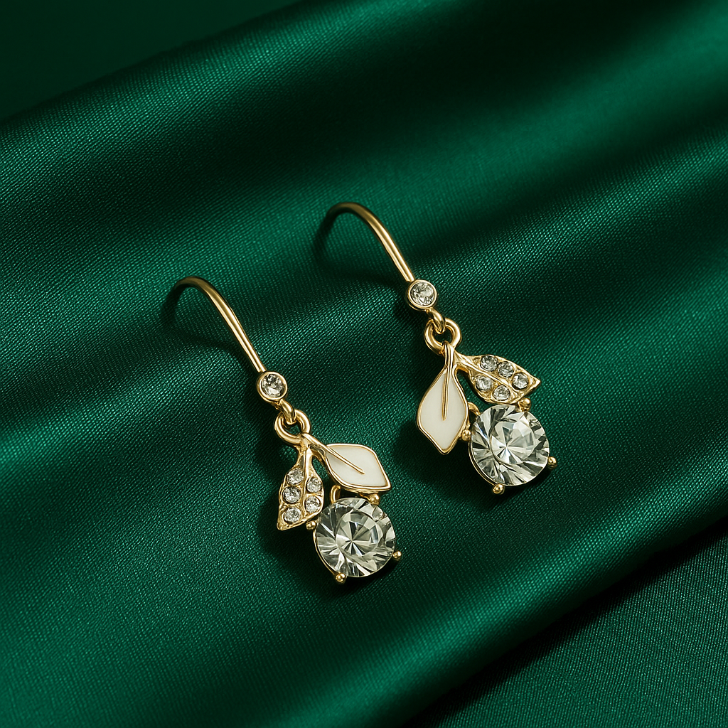 Crystal Leaf Drop Earrings | Korean Designer Jewellery