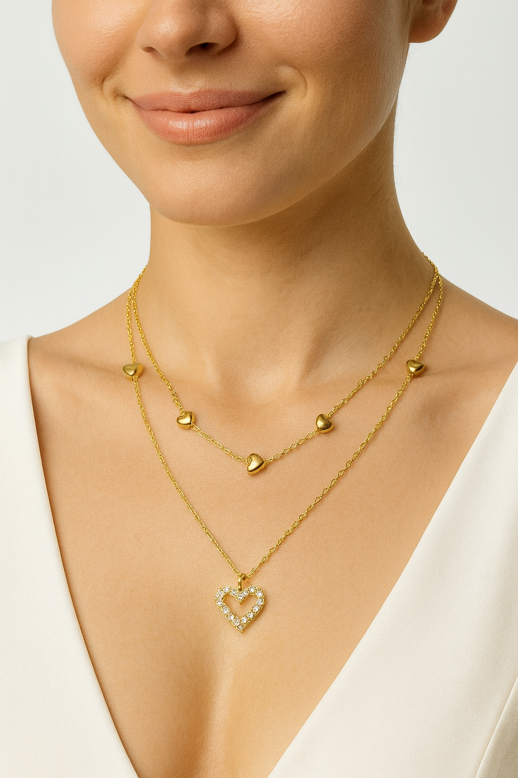 Gold-Plated Double Layer Heart Pendant Necklace for Women | Korean Designer Jewellery
