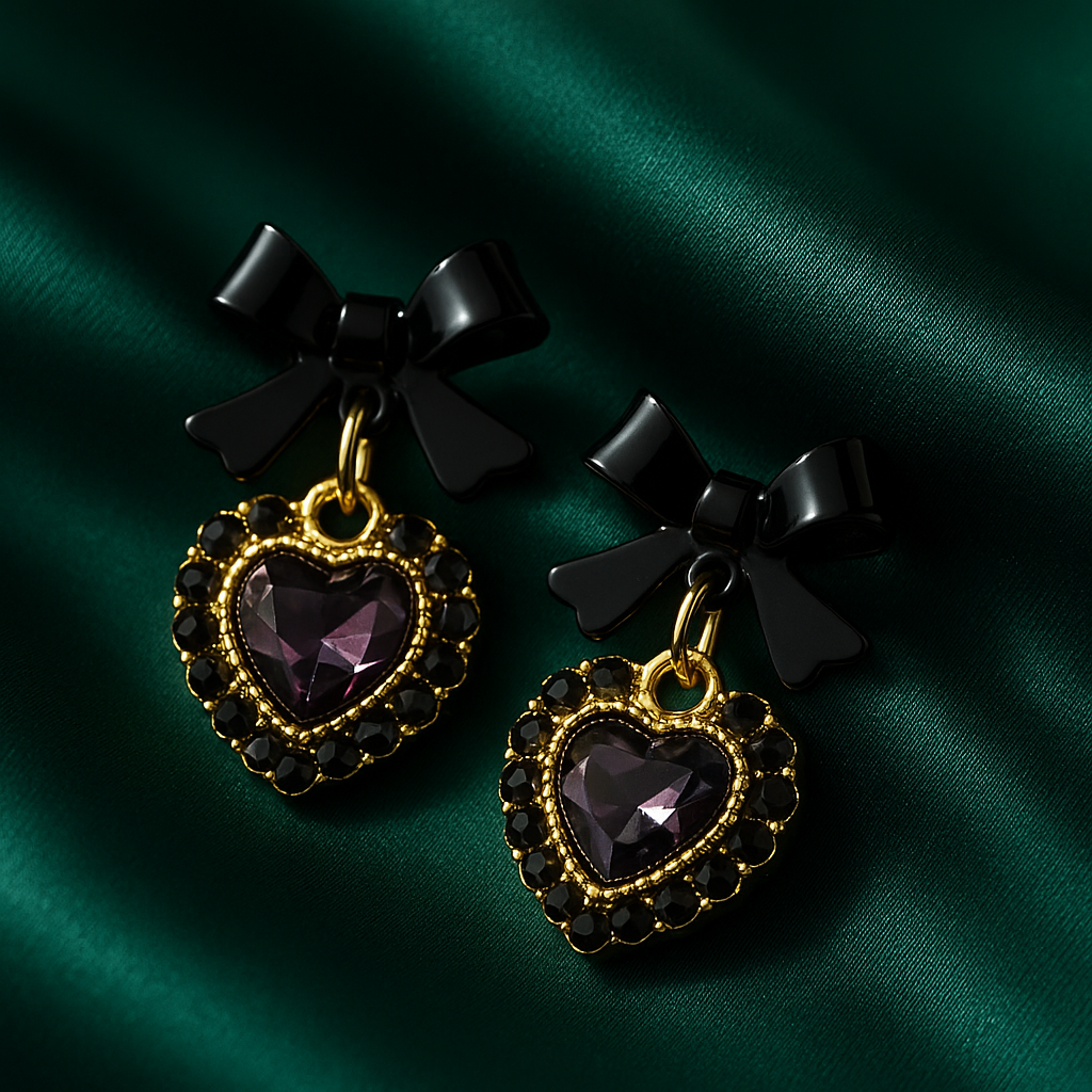 Black Bow Heart Drop Earrings | Korean Designer Jewellery