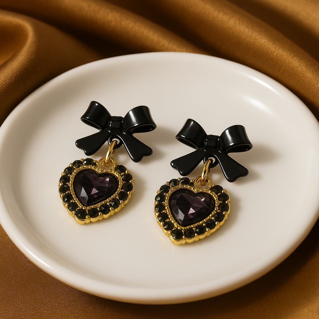 Black Bow Heart Drop Earrings | Korean Designer Jewellery